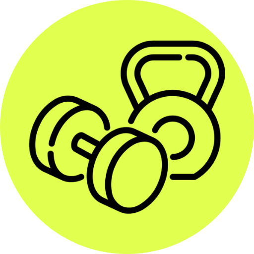Black outline of two dumbbells and a kettlebell on a yellow circle