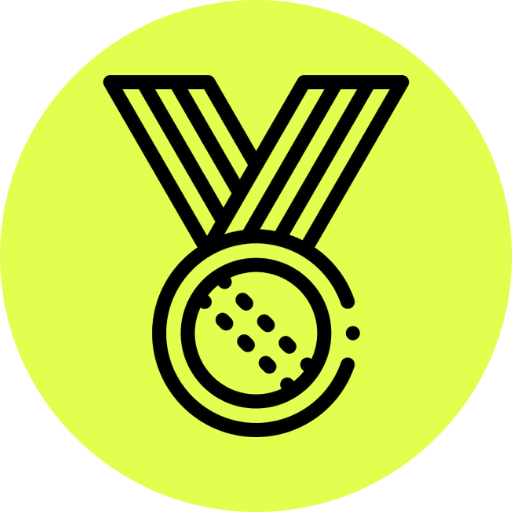 Black line drawing of a medal on a yellow circle